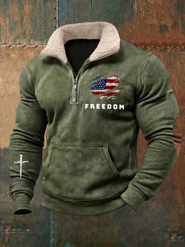 Men's Vintage Freedom American Flag Print Zipper Neck Sweatshirt