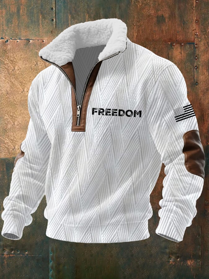 Men's vintage freedom flag jacquard fabric zipper fur collar long slee