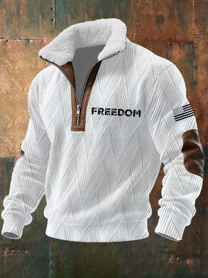 Men's vintage freedom flag jacquard fabric zipper fur collar long slee