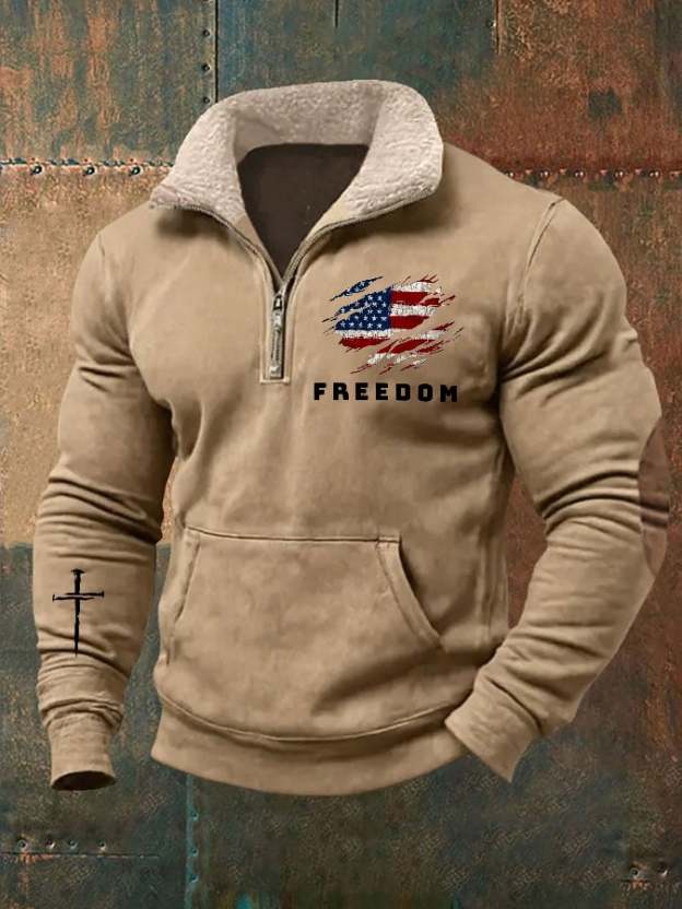 Men's Vintage Freedom American Flag Print Zipper Neck Sweatshirt