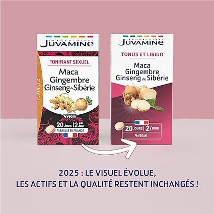 JUVAMINE Maca Gingembre et Ginseng de Sibérie, Tonifiant Sexuel, Tonus et Vigueur, Tonifiant, Stimulant, Programme de 20 jours, 40 Comprimés, Fabriqué en France