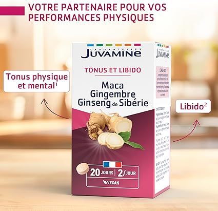 JUVAMINE Maca Gingembre et Ginseng de Sibérie, Tonifiant Sexuel, Tonus et Vigueur, Tonifiant, Stimulant, Programme de 20 jours, 40 Comprimés, Fabriqué en France