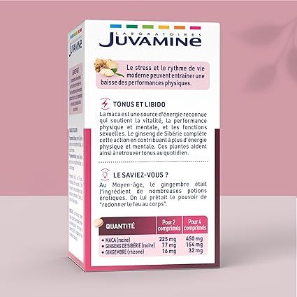 JUVAMINE Maca Gingembre et Ginseng de Sibérie, Tonifiant Sexuel, Tonus et Vigueur, Tonifiant, Stimulant, Programme de 20 jours, 40 Comprimés, Fabriqué en France