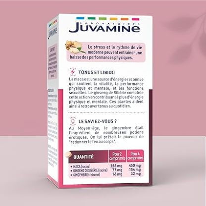 JUVAMINE Maca Gingembre et Ginseng de Sibérie, Tonifiant Sexuel, Tonus et Vigueur, Tonifiant, Stimulant, Programme de 20 jours, 40 Comprimés, Fabriqué en France