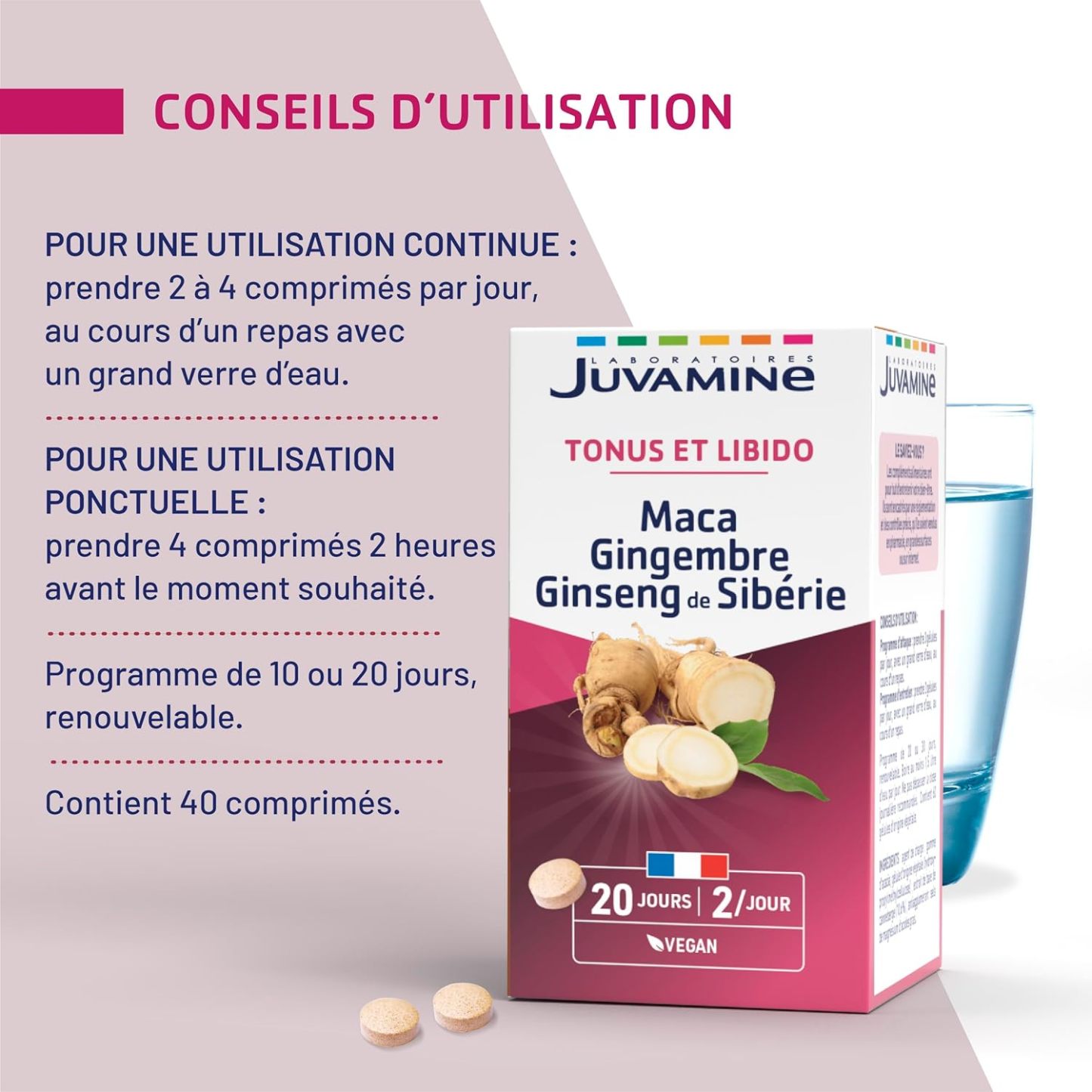 JUVAMINE Maca Gingembre et Ginseng de Sibérie, Tonifiant Sexuel, Tonus et Vigueur, Tonifiant, Stimulant, Programme de 20 jours, 40 Comprimés, Fabriqué en France