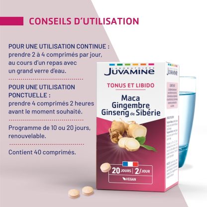 JUVAMINE Maca Gingembre et Ginseng de Sibérie, Tonifiant Sexuel, Tonus et Vigueur, Tonifiant, Stimulant, Programme de 20 jours, 40 Comprimés, Fabriqué en France