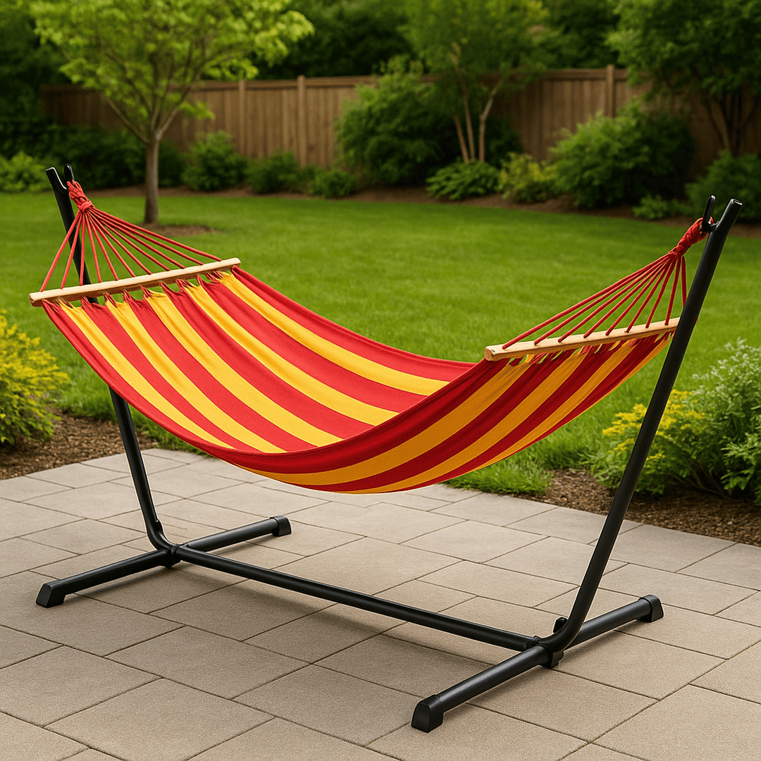 Hamac en Coton Polyester 200x150 cm Support Métal Rouge/Jaune