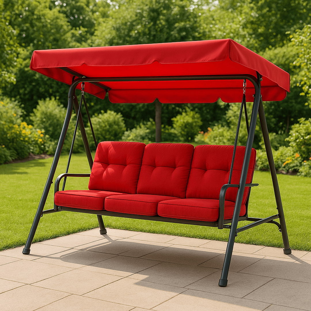 Balancelle extérieure à trois places en acier revêtement poudre rouge