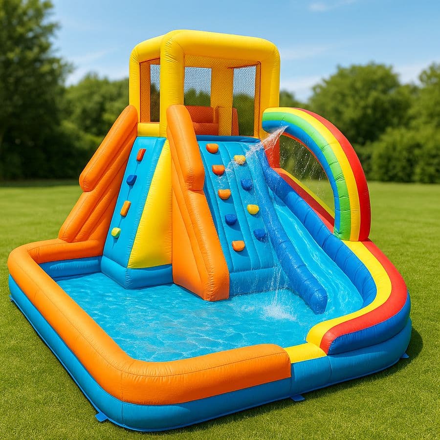 Parc aquatique gonflable en PVC avec toboggan et fontaine arc en ciel 400 x 300 x 250 cm