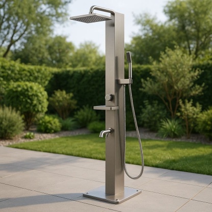 Douche de jardin en acier inoxydable brossé avec pommeau tête carrée et douchette