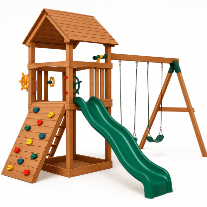 Aire de jeu en bois 400x350x300 cm toboggan balançoires escalade marron/vert