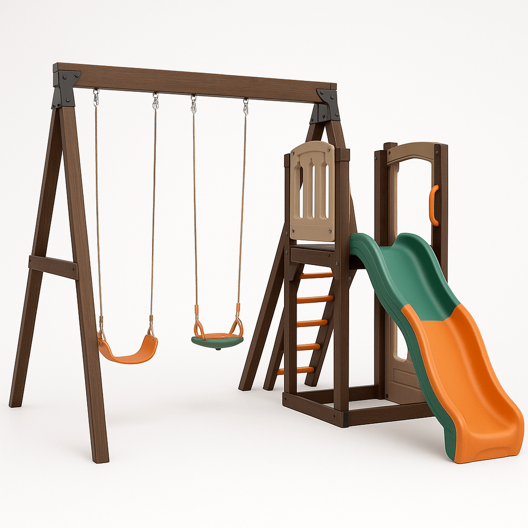 Aire de Jeux Extérieur 340x200x180 cm Bois Métal Plastique Marron/Vert/Orange