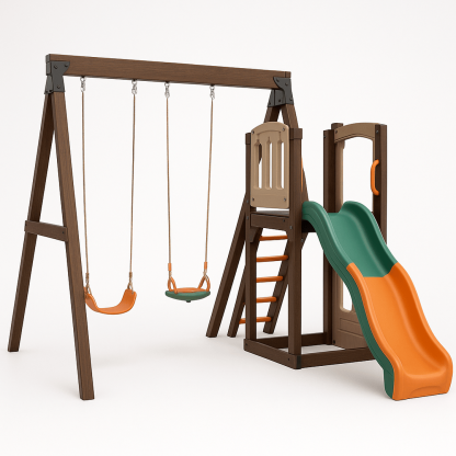 Aire de Jeux Extérieur 340x200x180 cm Bois Métal Plastique Marron/Vert/Orange