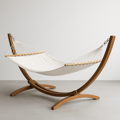 Hamac Bois Clair/Blanc 200x150cm Structure en Bois de Chêne Tissu en Coton