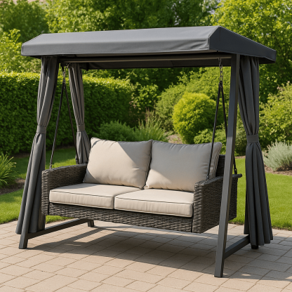 Balancelle de jardin en résine tressée Gris/Beige Canapé suspendu avec auvent