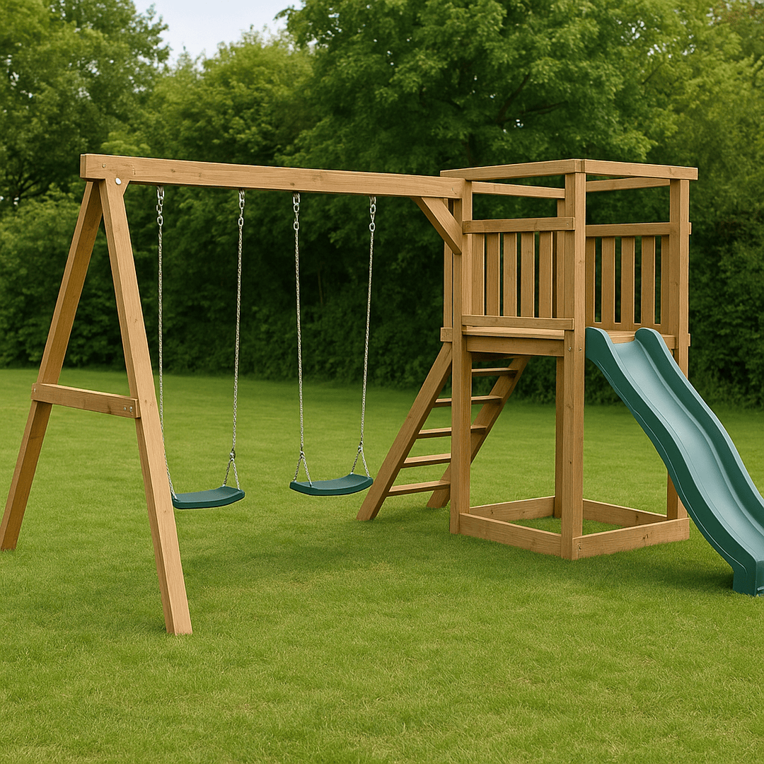 Aire de jeux en bois 350x200x230 cm avec balançoires et toboggan