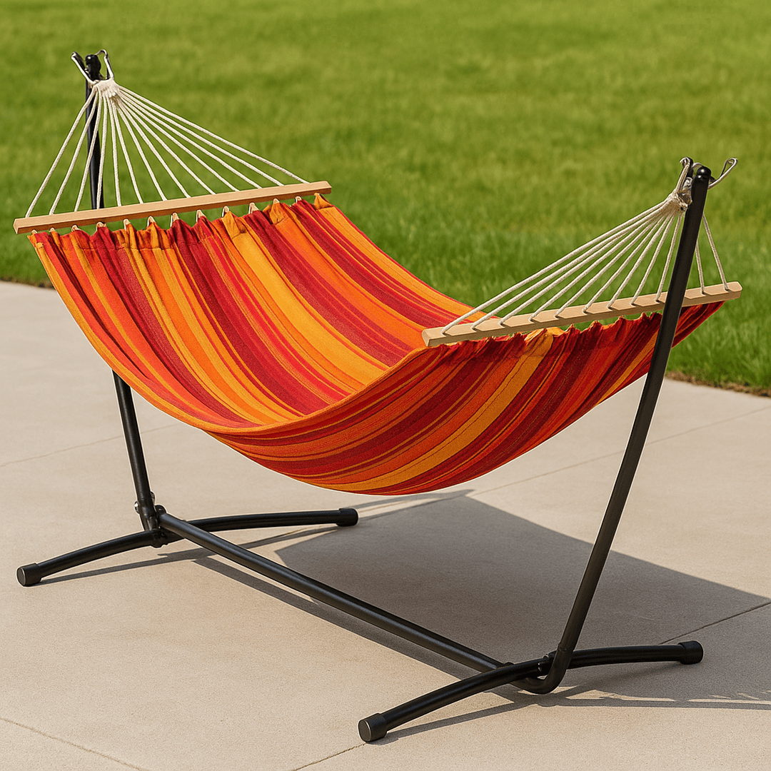Hamac avec support en acier et toile rayée rouge/orange 200x100 cm
