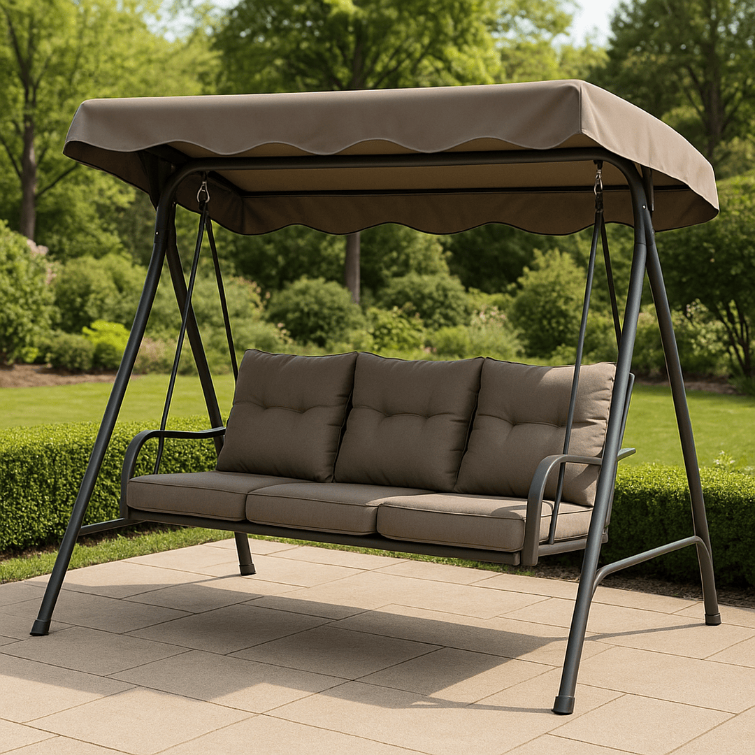 Balancelle 3 Places Acier Revêtement Poudre Taupe Polyester 200x120x164 cm