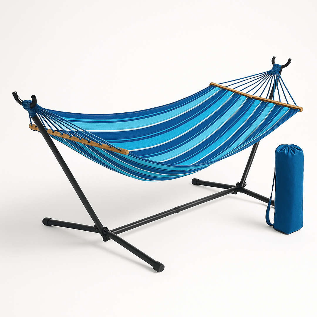 Hamac Coton Tubulaire 200x100 cm Structure Acier Bleu