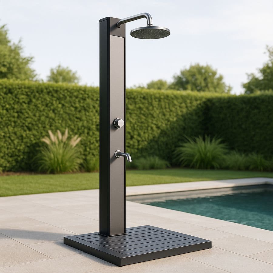 Douche extérieure noire aluminium 220cm avec pommeau et robinet
