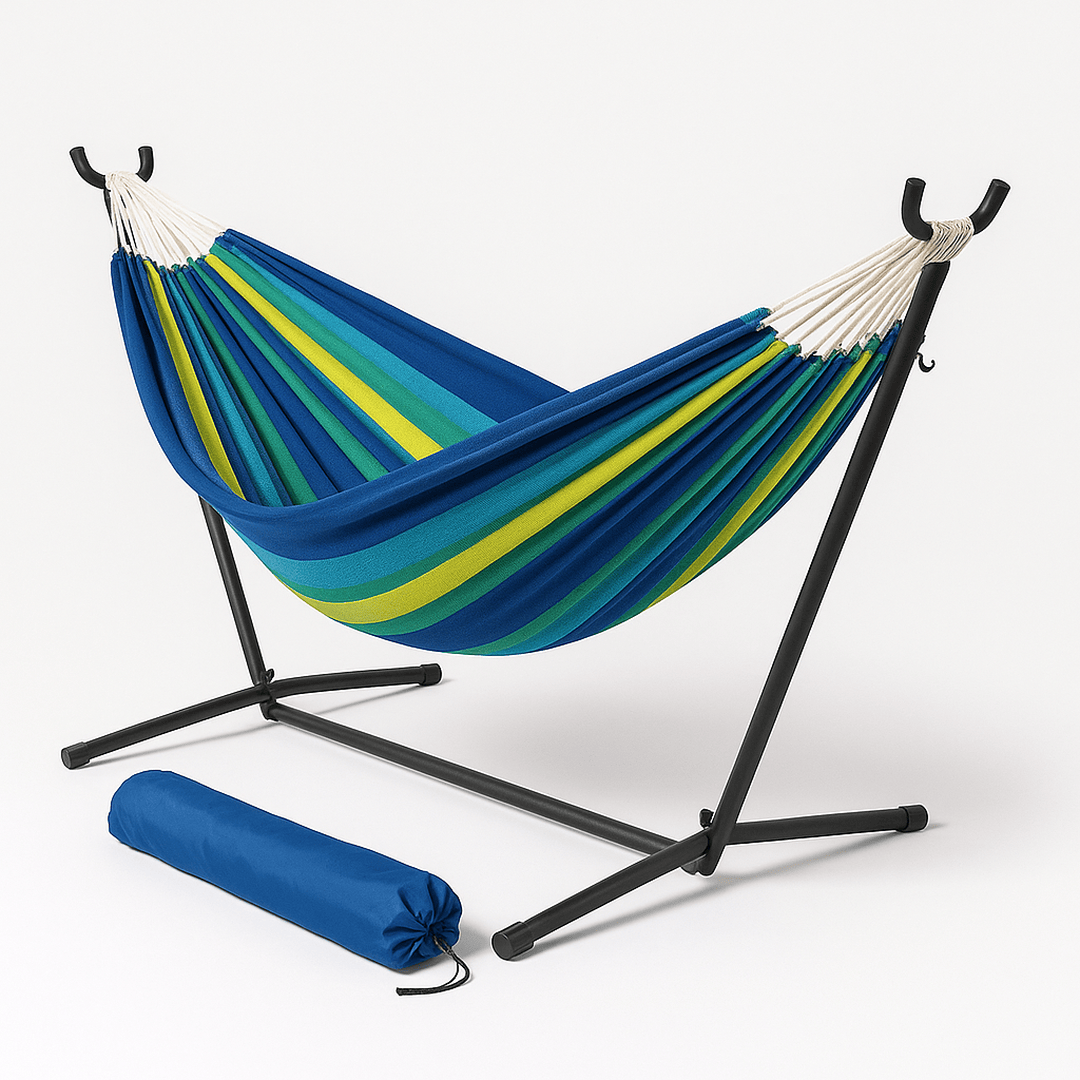 Hamac avec support acier 300 cm Bleu/Vert Coton/Acier