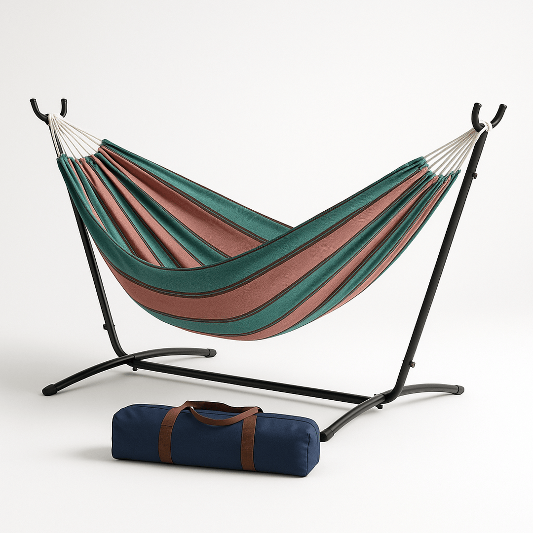 Hamac en Coton à Rayures avec Support Métallique et Sac de Transport 200x150 cm