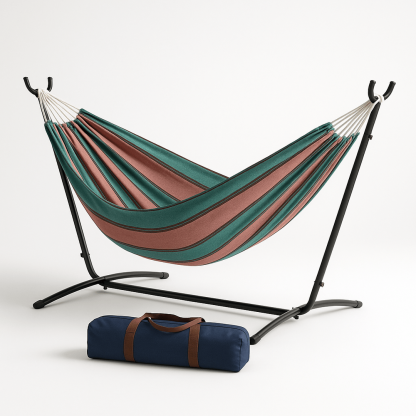 Hamac en Coton à Rayures avec Support Métallique et Sac de Transport 200x150 cm