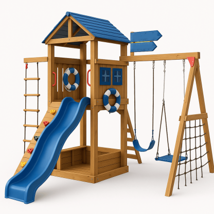 Aire de Jeux Enfants Bois/PEHD avec Toboggan/Balançoire/Escalade