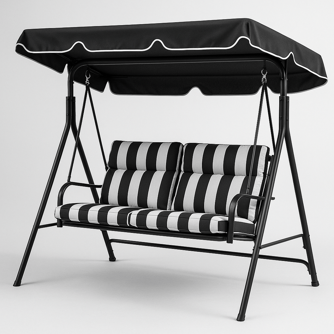 Balançoire en acier avec coussins en polyester rayé 170cm Noir/Gris