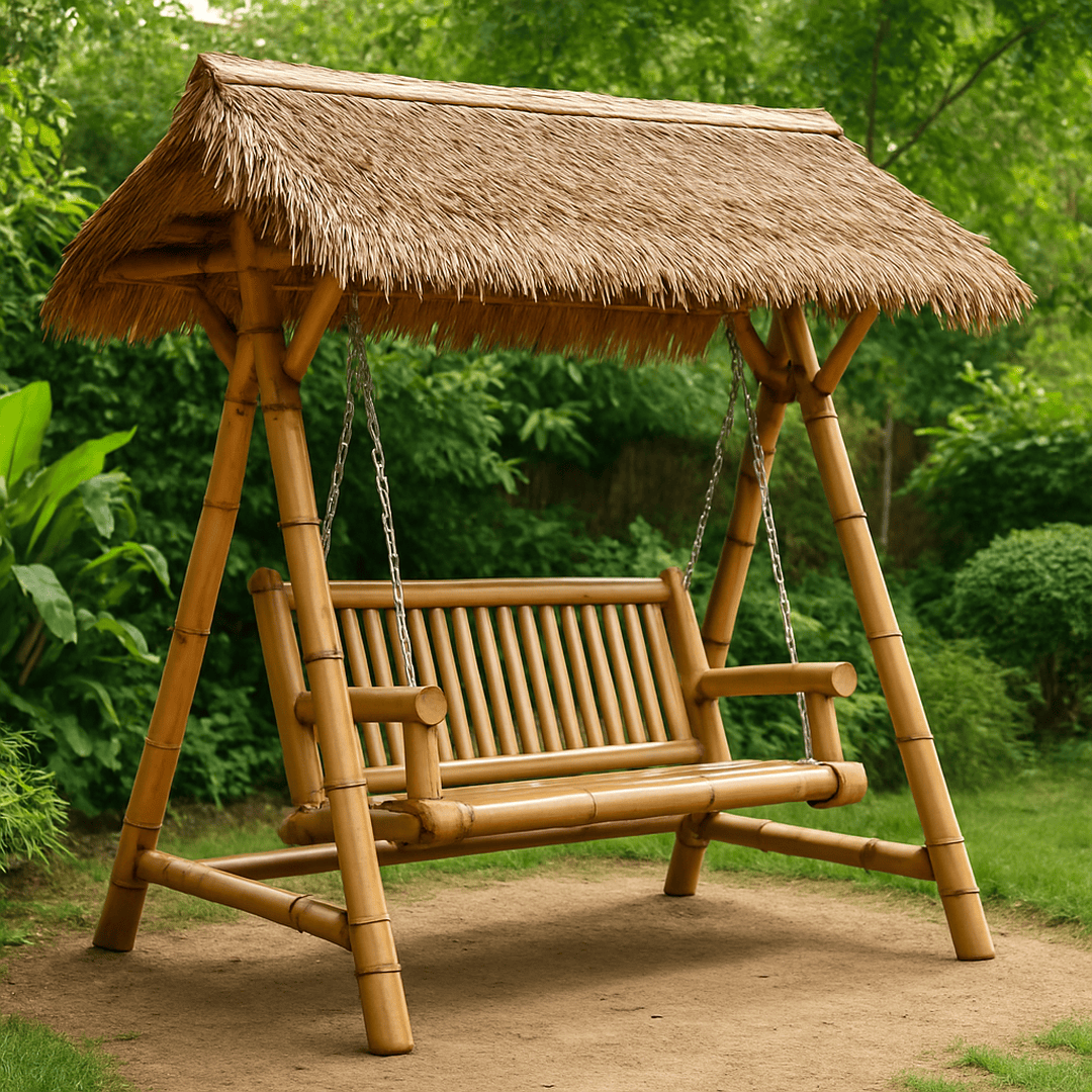 Balançoire de Jardin en Bambou avec Toit en Chaume 200x120x160cm