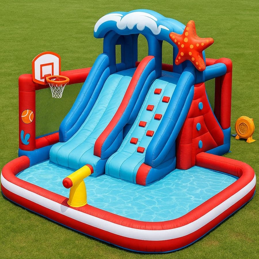 Toboggan Gonflable Double Piscine Aire de Jeux 4.2m x 3.2m x 2.3m PVC Rouge/Bleu