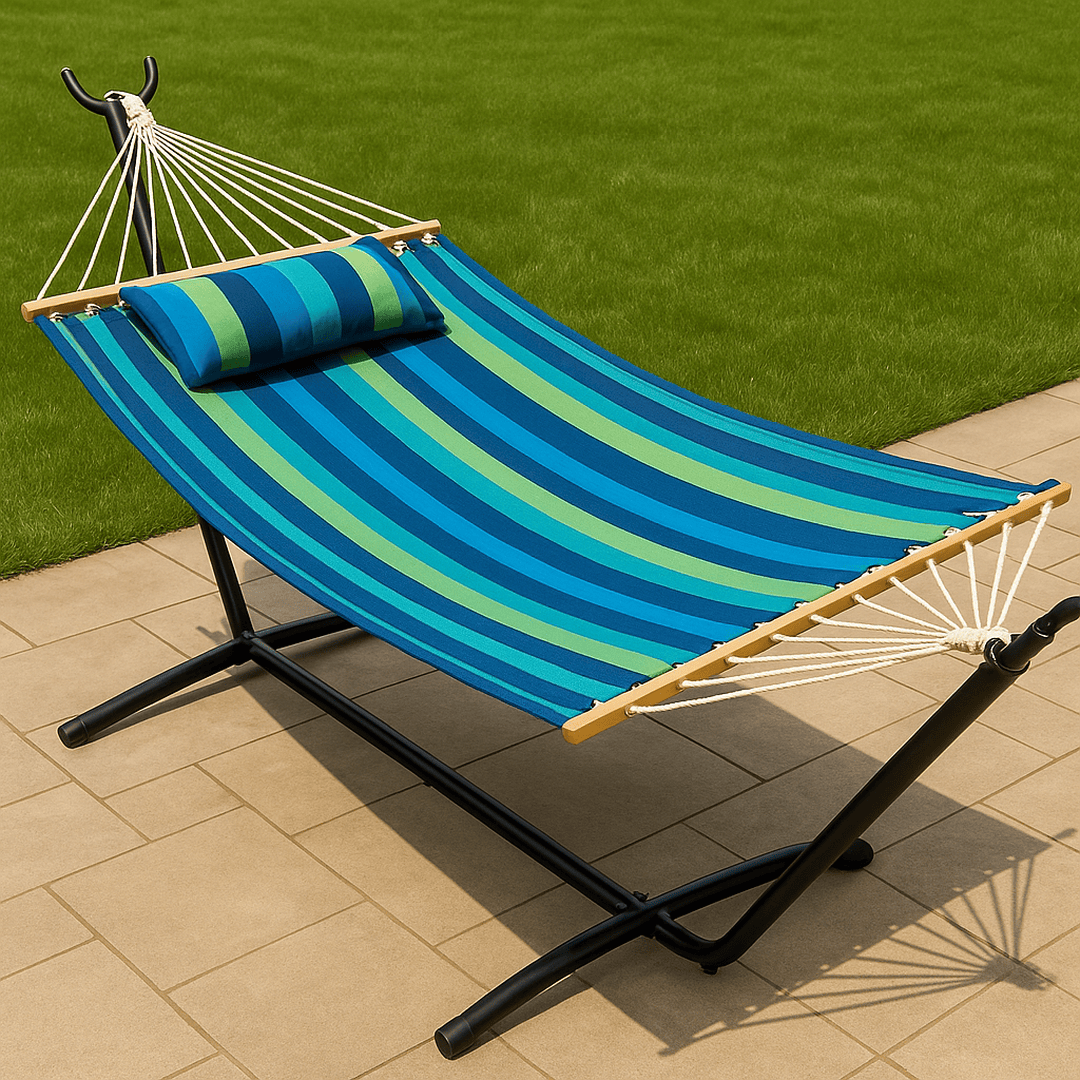 Hamac avec Support 200x150 cm Coton Rayé Bleu/Vert