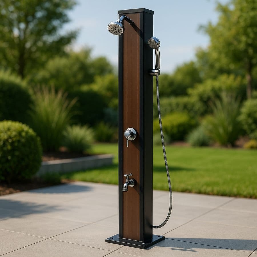 Douche Solaire Extérieur Gris Aluminium/Hêtre Deux Têtes