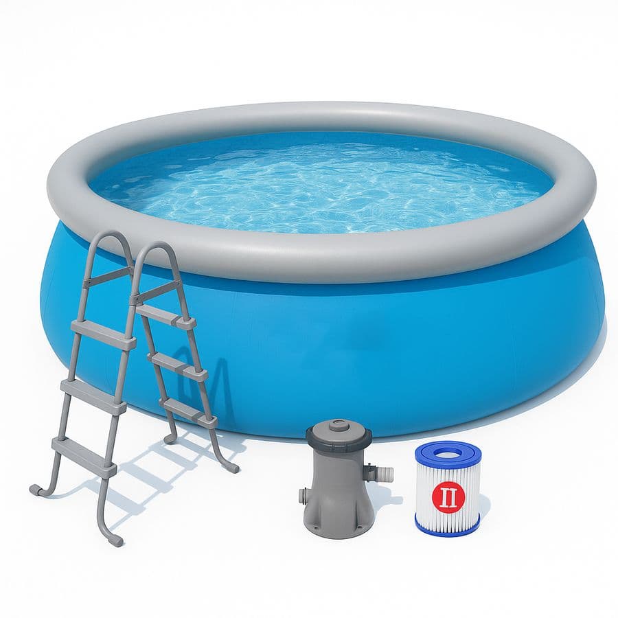 Piscine Tubulaire Ronde Gonflable Bleu/Gris 457x84 cm PVC Ensemble 4 Pièces