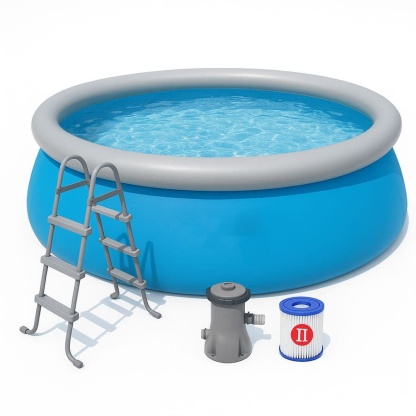 Piscine Tubulaire Ronde Gonflable Bleu/Gris 457x84 cm PVC Ensemble 4 Pièces