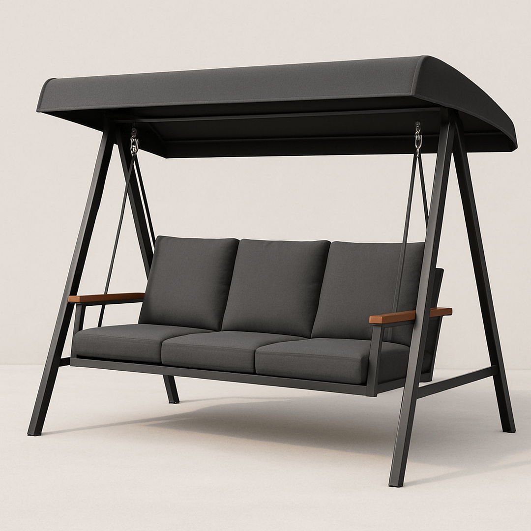 Balancelle de Jardin Gris Polypropylène 3 Places avec Cadre en Acier et Accoudoirs en Bois