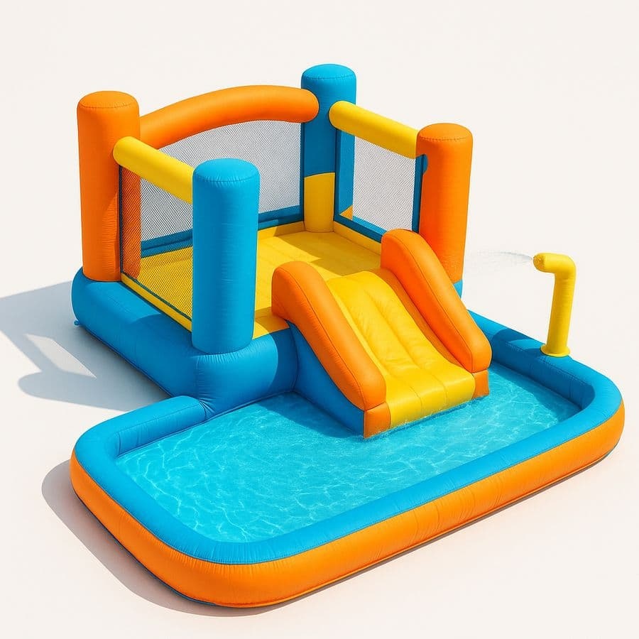 Château Gonflable avec Toboggan et Piscine Enfants PVC Bleu/Orange/Jaune