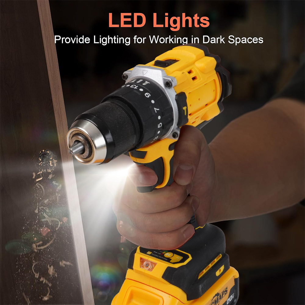 Compatible with DEWALT 20V MAX batteries, this compact 1/2-inch cordless brushless hammer drill with 2 speed settings is suitable for home, jobsite, and construction use.