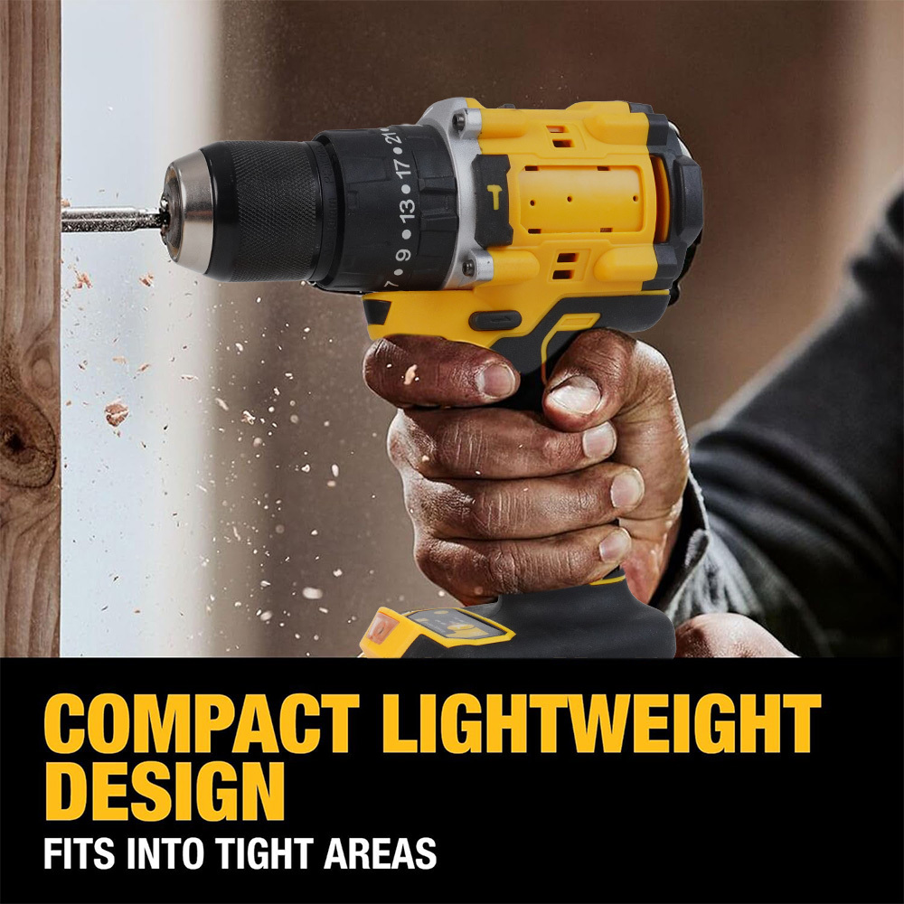 Compatible with DEWALT 20V MAX batteries, this compact 1/2-inch cordless brushless hammer drill with 2 speed settings is suitable for home, jobsite, and construction use.
