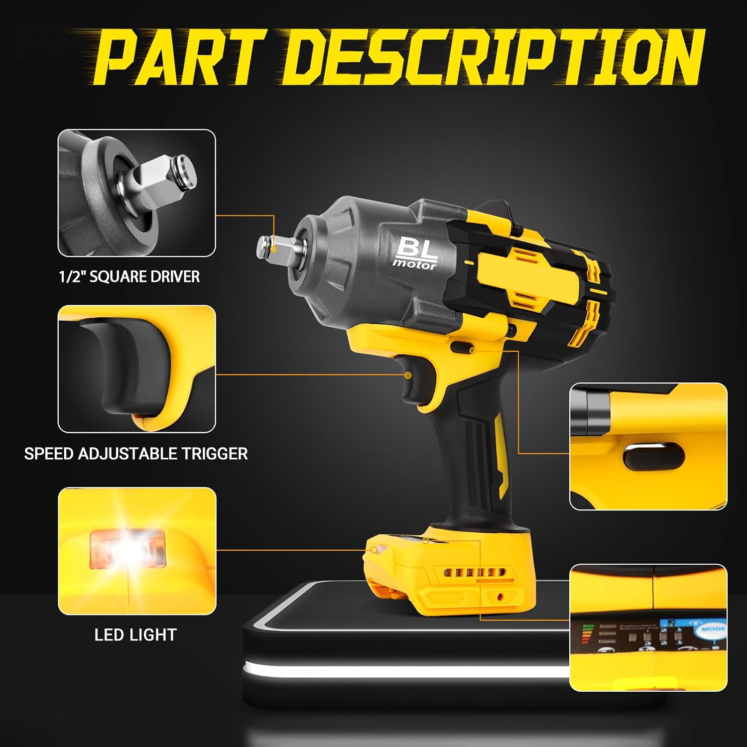 Cordless Impact Wrench, 1000FT-LBS (1500N.m) Brushless Electric Impact Gun Includes LED Work Light, 1/2 Inch Cordless Impact Wrench for Dewalt Battery, Suitable for Automotive and Home Use