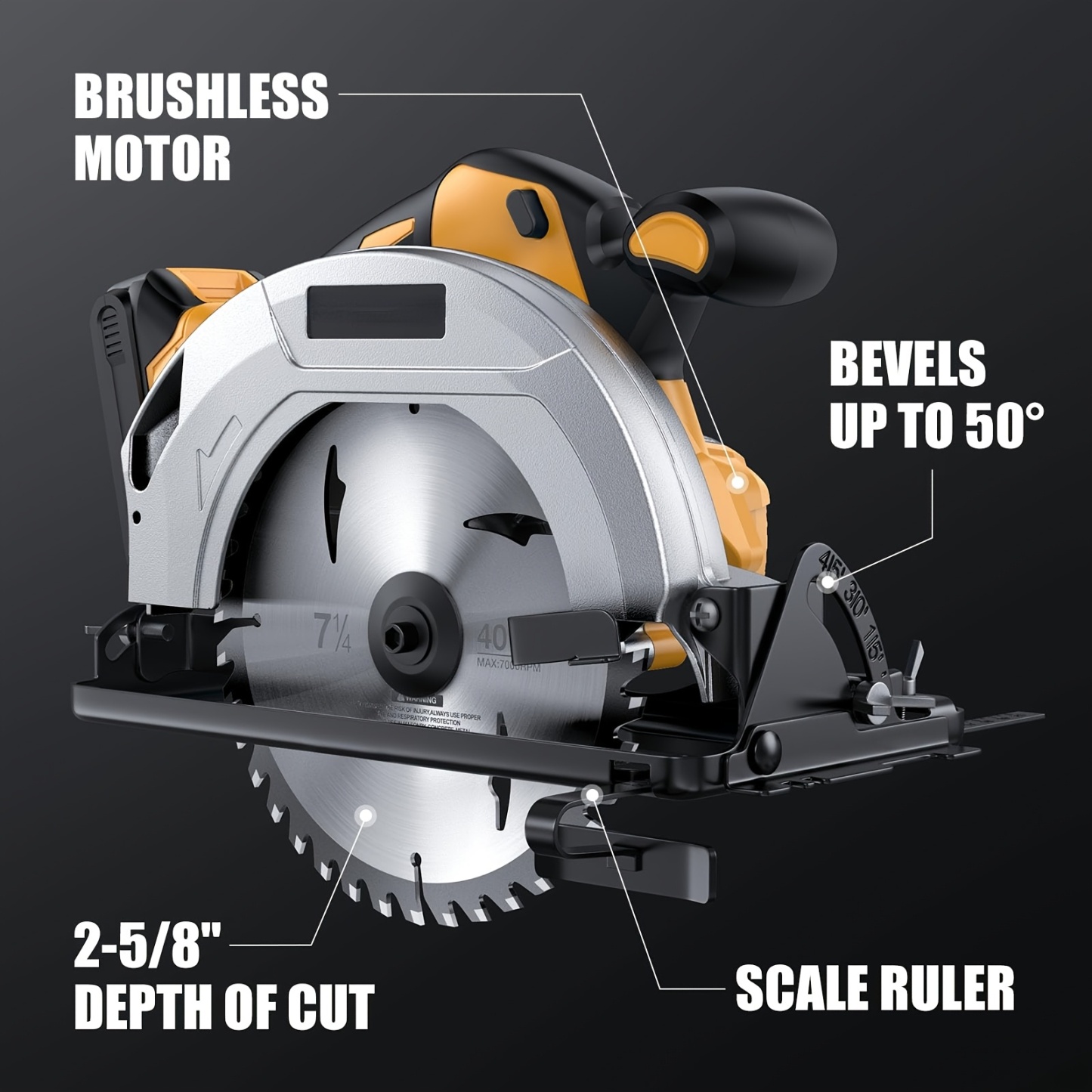 Cordless Circular Saw Compatible with DEWALT 20V MAX Battery, 7-1/4 Inch Brushless Electric Circular Saw, 0-50 Degree Bevel Capability, Lightweight, Comes with 2 Blades, Suitable for Woodworking, Stone and Plastic