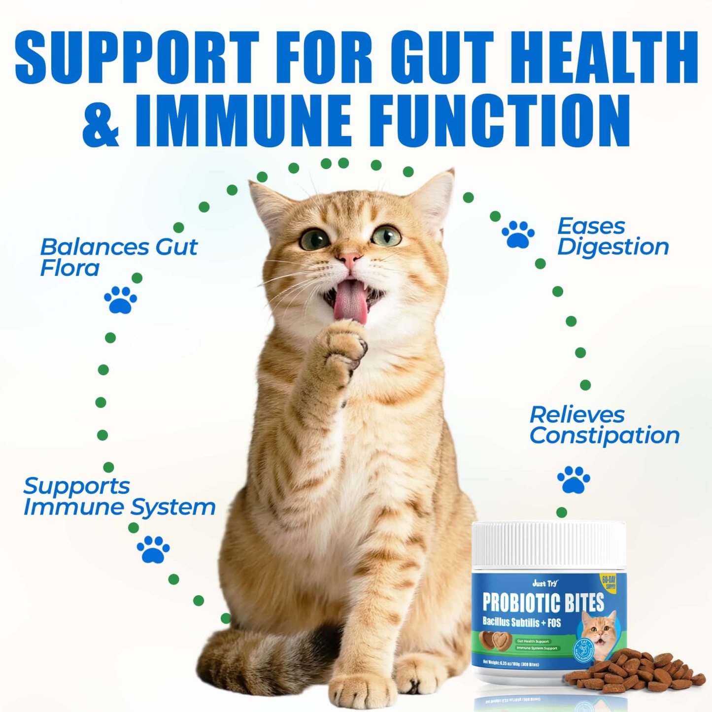 JUSTTRY Cat Probiotic Bites – For Cat Digestive Support & Cat Constipation Relief Chicken Flavored Cat Supplements, 6.35oz, 300 Bites-CritterCorner