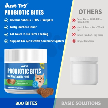 JUSTTRY Cat Probiotic Bites – For Cat Digestive Support & Cat Constipation Relief Chicken Flavored Cat Supplements, 6.35oz, 300 Bites-CritterCorner