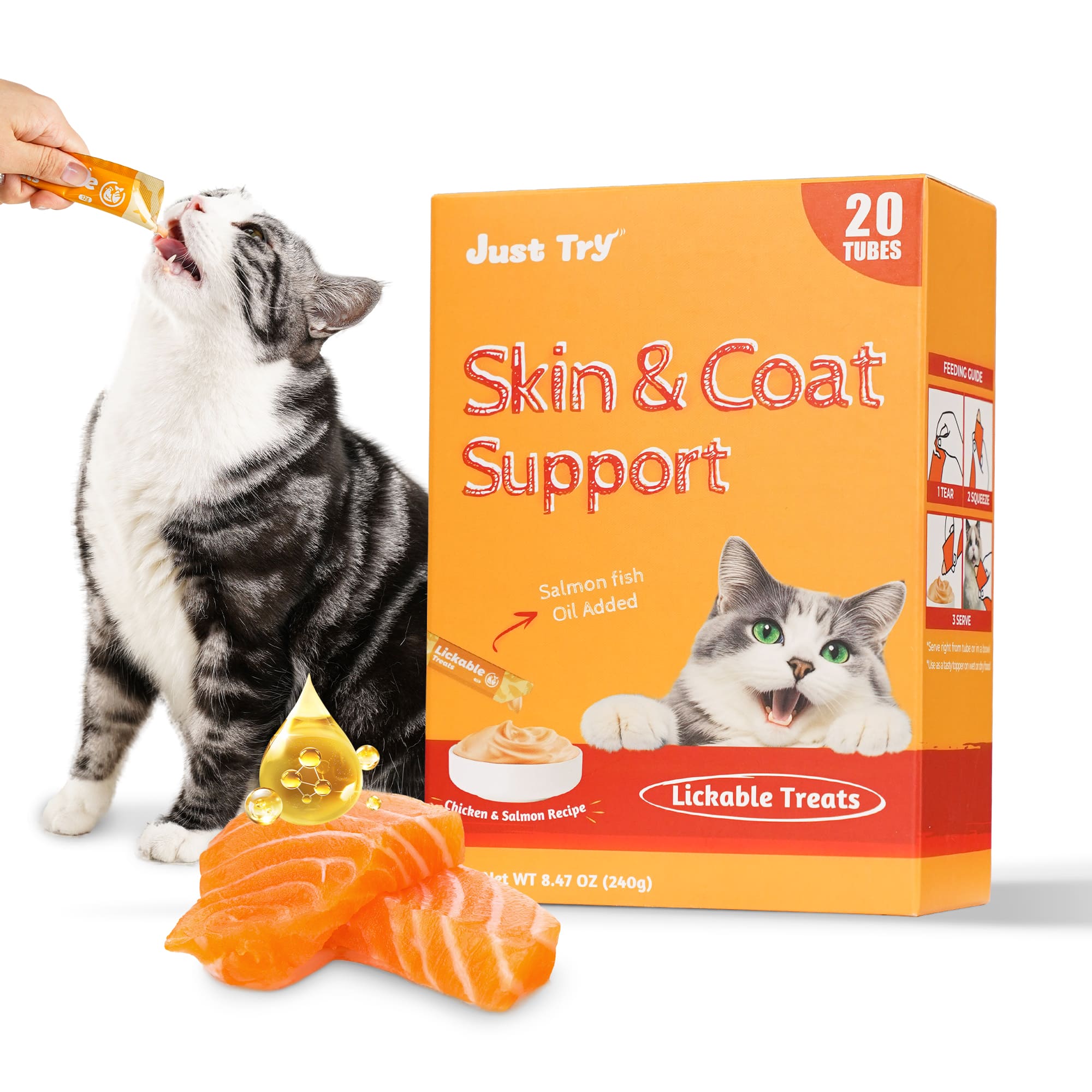 JUSTTRY Fish Oil Lickable Puree Treats – 20 Tubes with Omega Oils, Taurine & Vitamin E for Healthy Skin & Coat, 0.5oz Each-CritterCorner