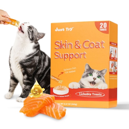 JUSTTRY Fish Oil Lickable Puree Treats – 20 Tubes with Omega Oils, Taurine & Vitamin E for Healthy Skin & Coat, 0.5oz Each-CritterCorner