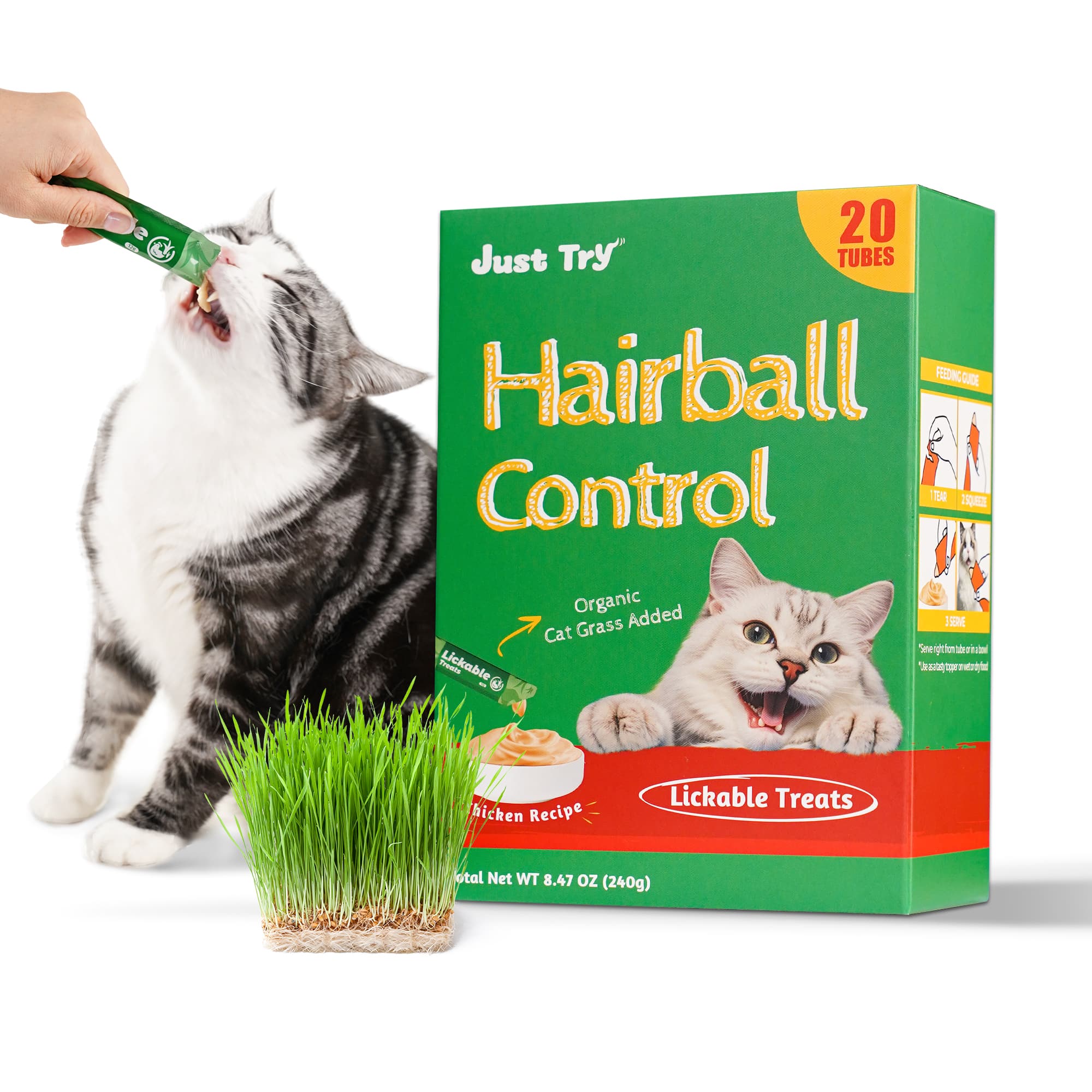 JUSTTRY Cat Grass Lickable Puree Treats – 20 Tubes with Taurine & Vitamin E for Hairball Control, 0.5oz Each-CritterCorner