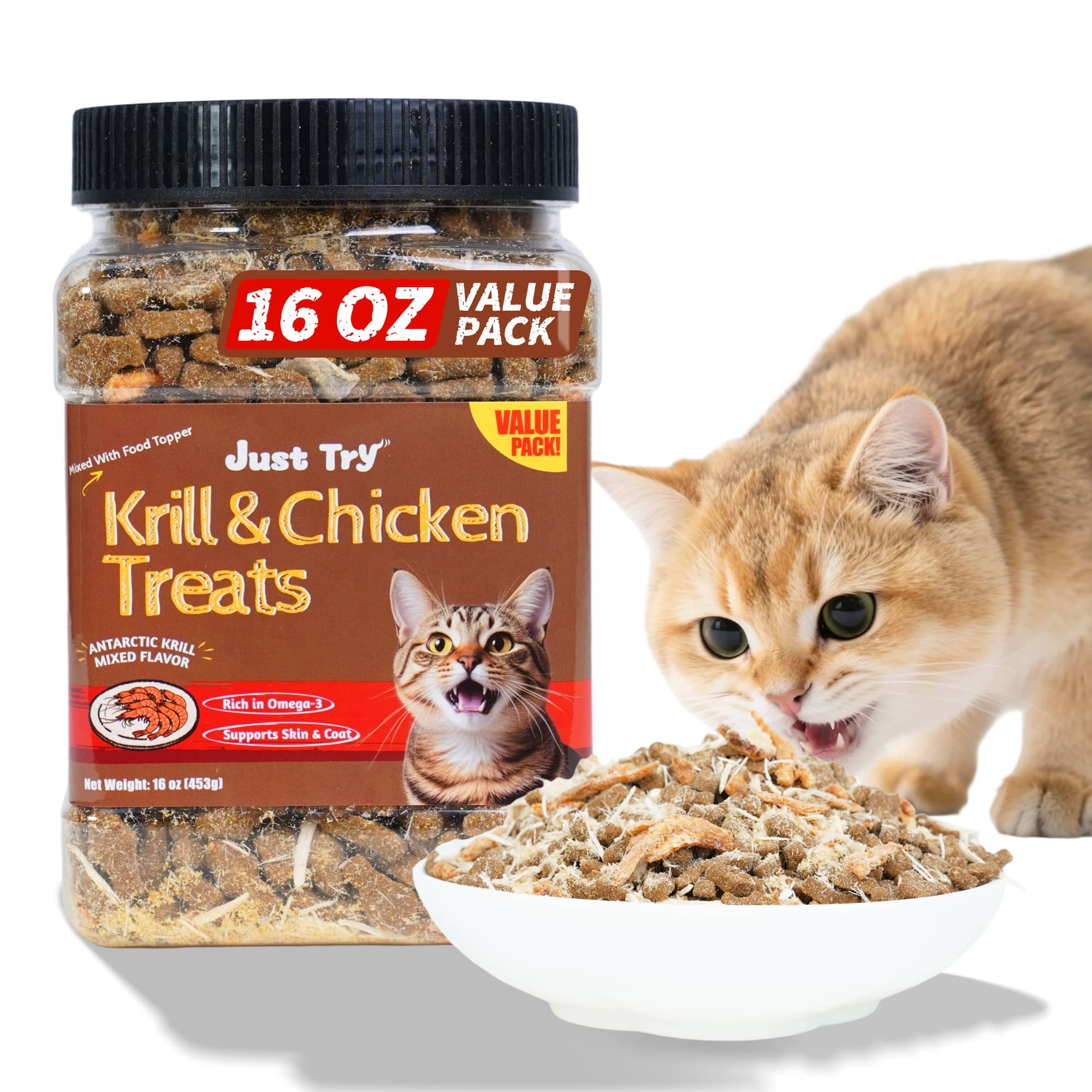 JUSTTRY Freeze-Dried Krill & Chicken Cat Treats – Real Antarctic Krill with Omega-3 for Skin & Coat Health, Dental Care & Training Snacks, High Protein 16oz-CritterCorner