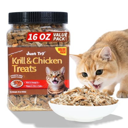 JUSTTRY Freeze-Dried Krill & Chicken Cat Treats – Real Antarctic Krill with Omega-3 for Skin & Coat Health, Dental Care & Training Snacks, High Protein 16oz-CritterCorner