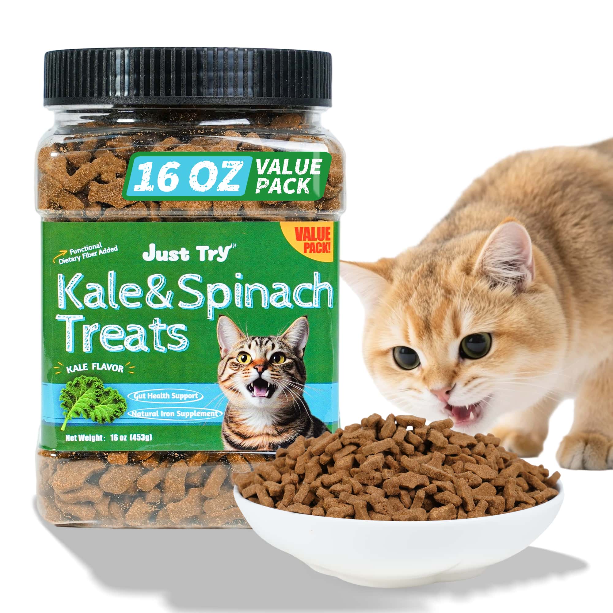 JUSTTRY Kale & Spinach Cat Treats – Gluten-Free Low-Calorie Snacks with Natural Chicken Flavor for Indoor Cats, 16oz-CritterCorner