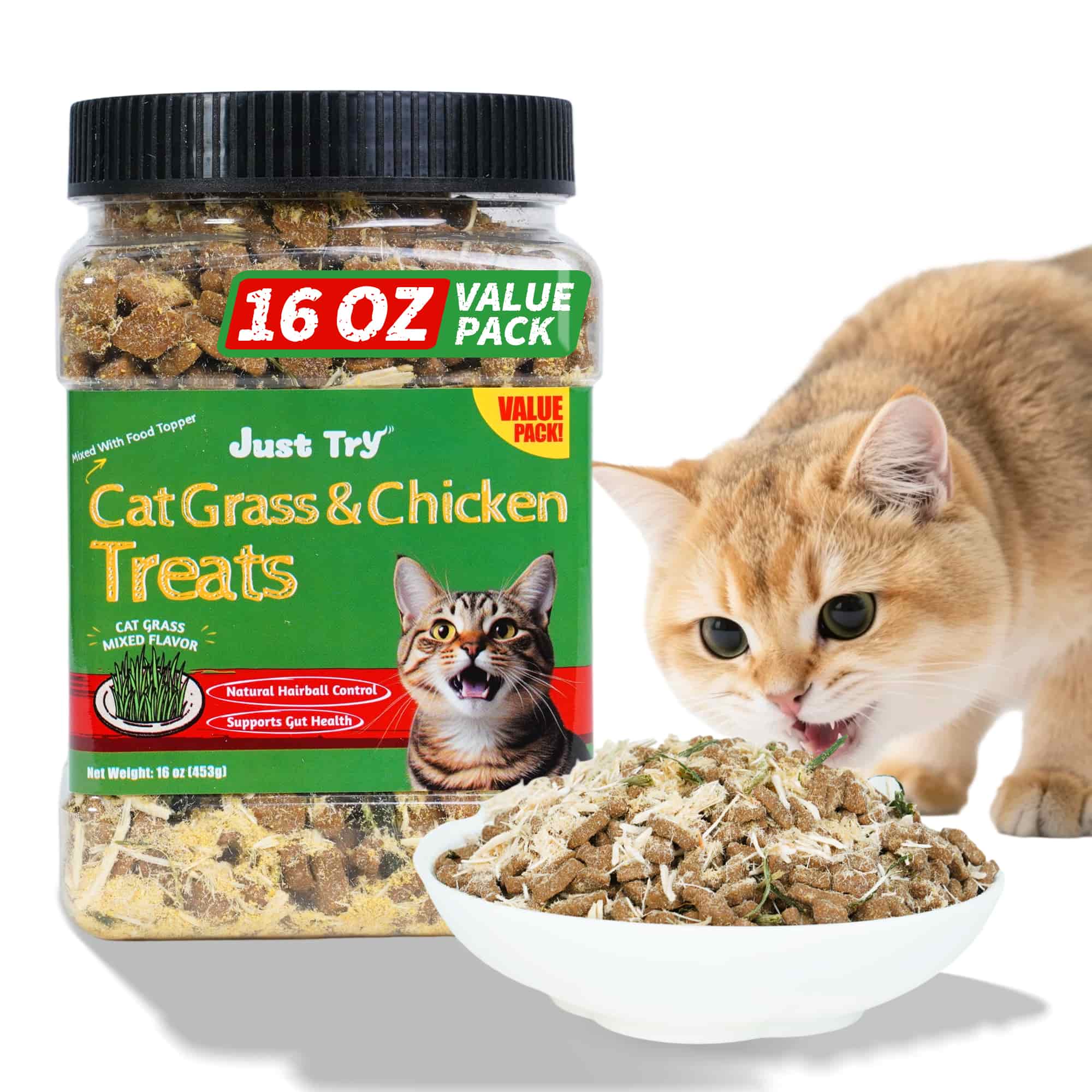 JUSTTRY Cat Grass & Chicken Cat Treats - Hairball Control Dental Care High Protein Cat Treats for Indoor Cats, Training Snacks, 16oz-CritterCorner